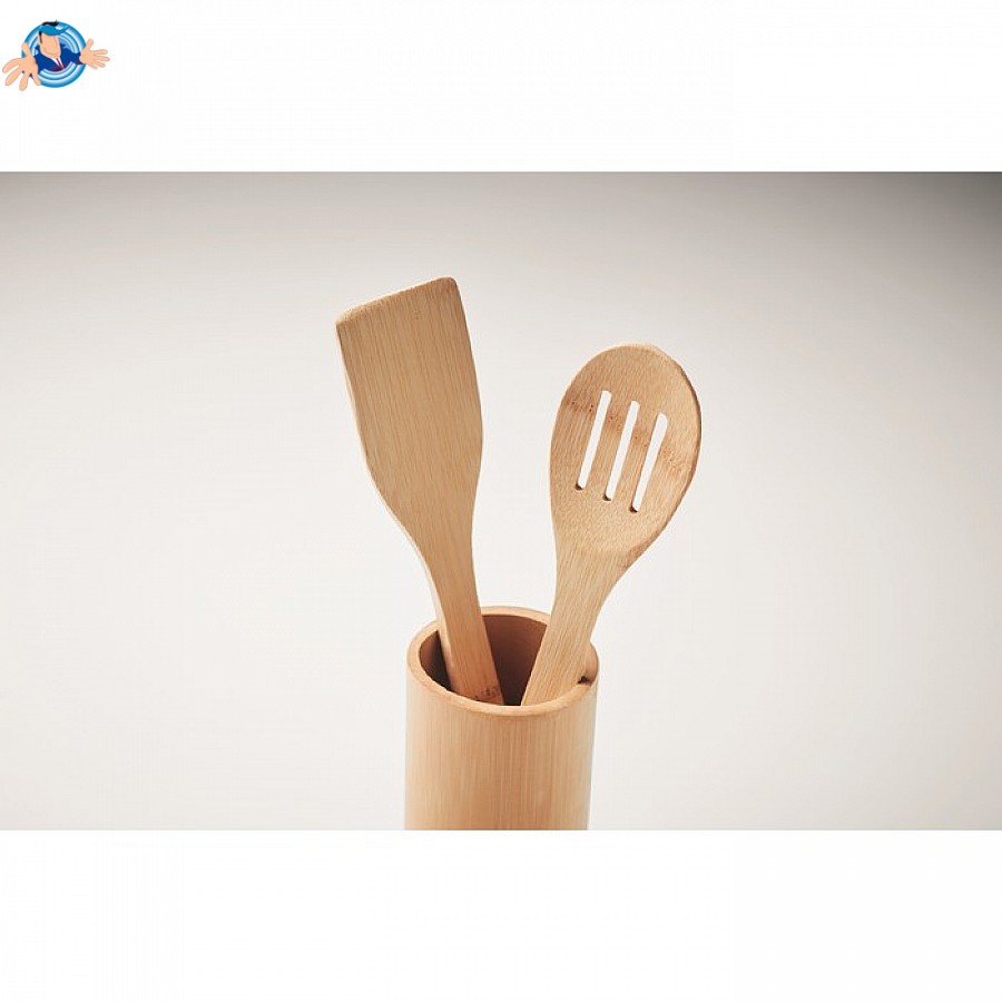 Set di 4 Pentole, Utensili, Cucina, Bambu, 2 Cucchiai e 2 Spatole